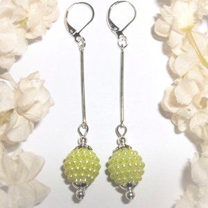 Long Earring Set Green Silver Bar Stick Drop 6503